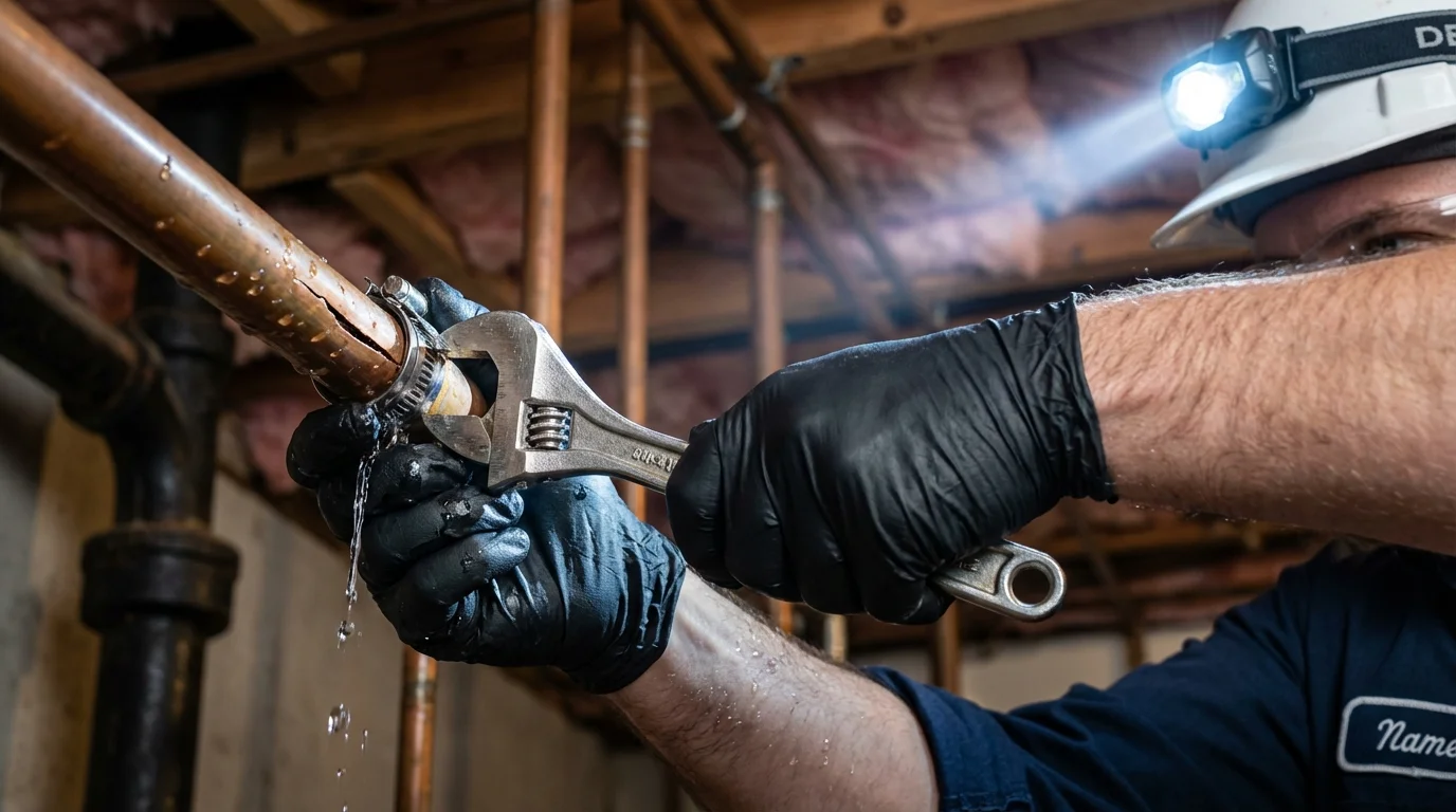 Emergency pipe clamp repair being performed by a Johns Plumbing LLC plumber in Lake Placid