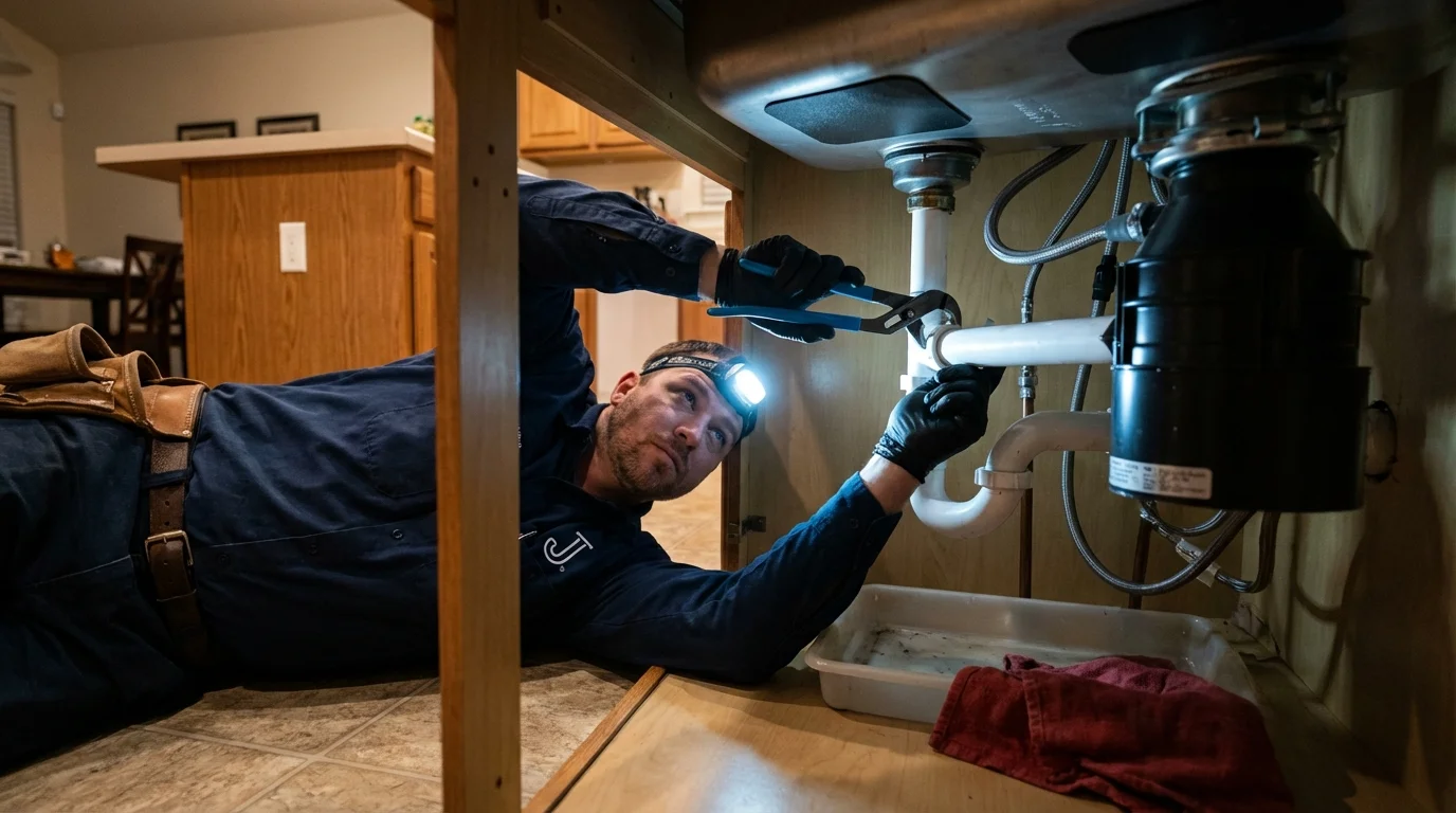 P-trap and supply line connections under a kitchen sink showing a common leak point in Lake Placid, FL